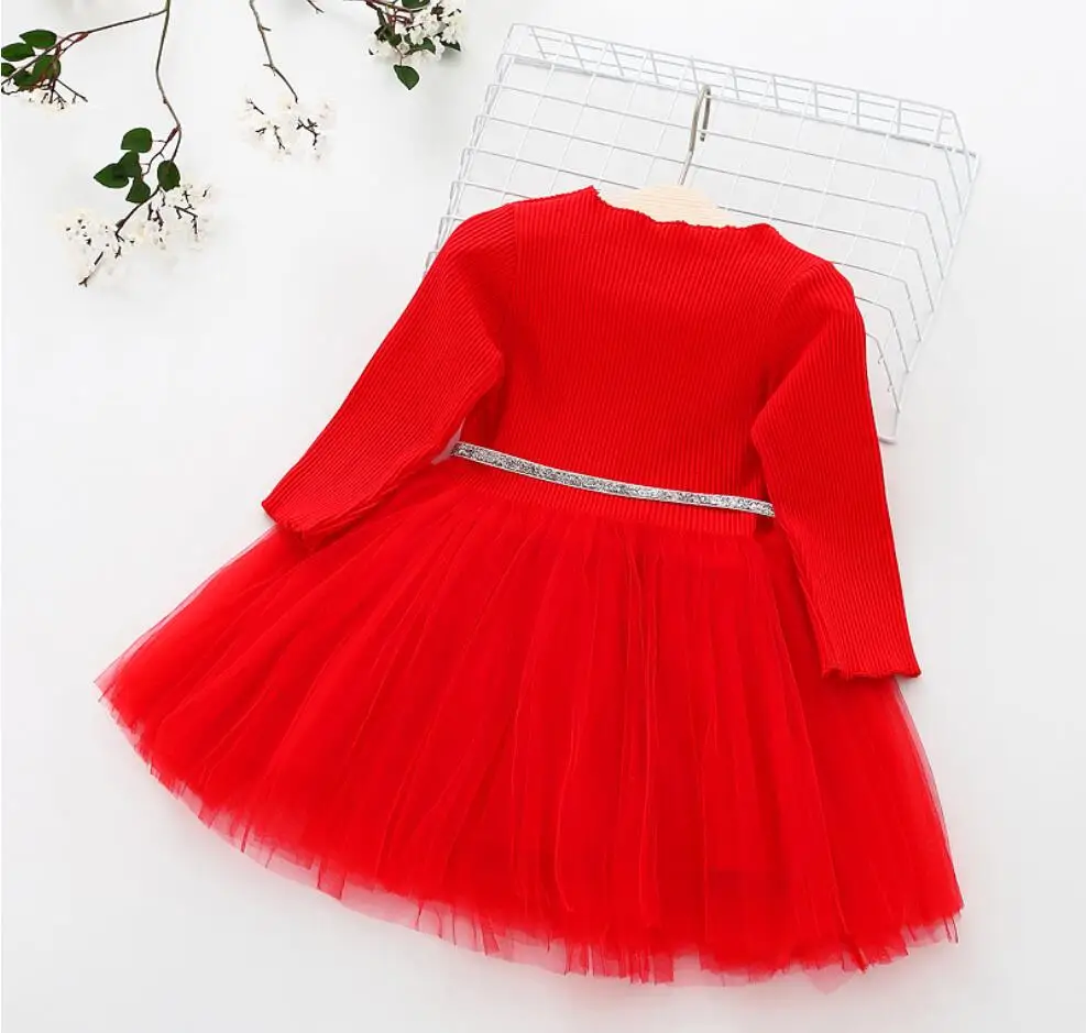 Christmas New Year dresses for baby girls clothing Knitted tutu dress Pentacle belt long sleeve party Vestidos clothes children