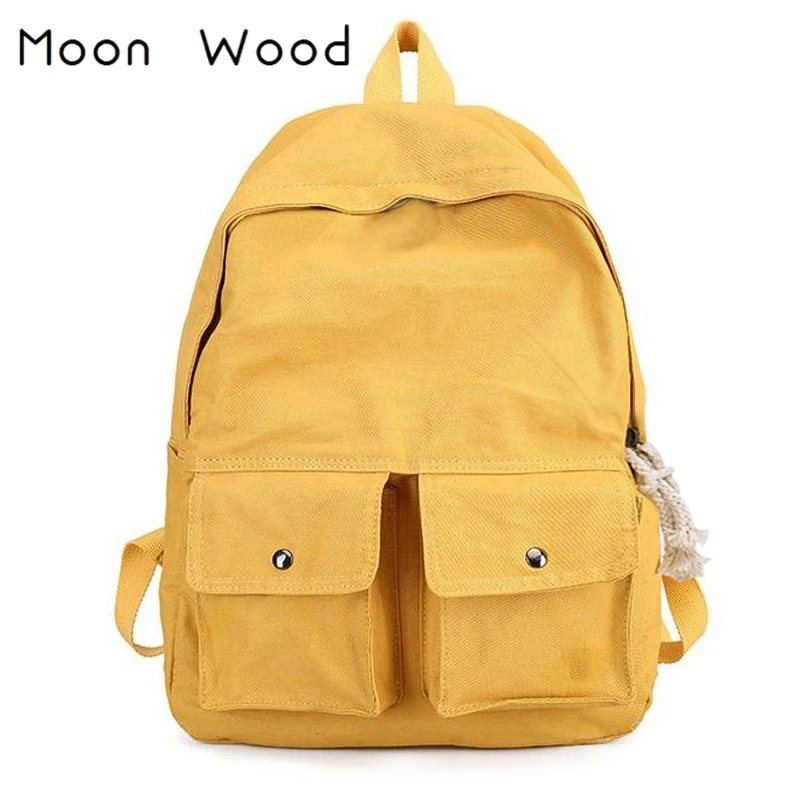Mochila de lona lavada con bolsillos dobles informal de madera de Luna, Mochila escolar sólida para niñas, Mochila para estudiantes, Mochila de viaje, Mochila