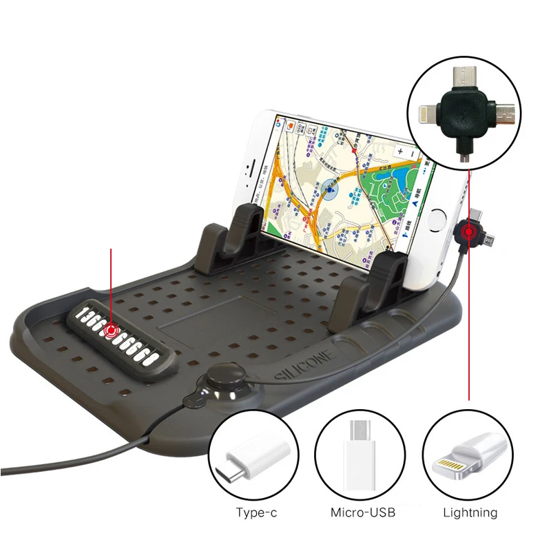 Держатель для мобильного телефона, автомобильный нескользящий коврик для телефона, силиконовая подставка для приборной панели, держатель для телефона с многофункциональным кабелем для зарядки