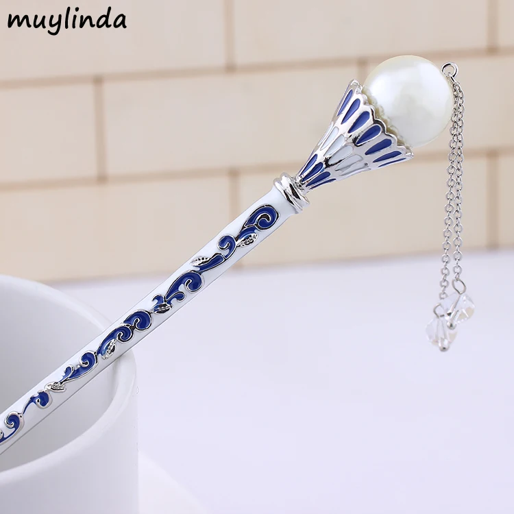 

Chinese Blue And White Porcelain Painting Big Pearls Hair Stick Women Costume Classic Metal Charm Hairpins Jewelry