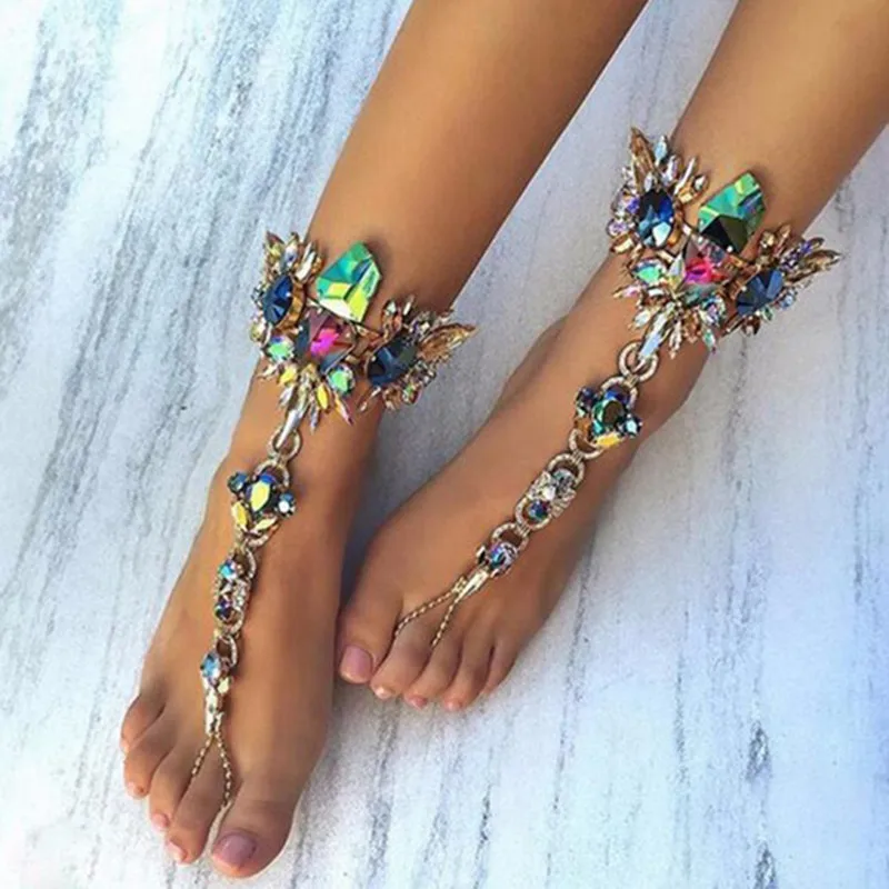 

New Luxury Crystal Rhinestones Gem Flower Pendant Anklet Chain Ankle Barefoot Sandals Foot Jewelry Beach Vacation Ankle