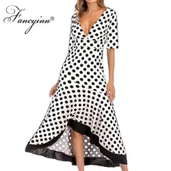 FANCYINN Винтаж летние дизайнерские вечерние платье Для женщин Sexy v-образным вырезом в горошек с черными кружевными рюшами нерегулярные