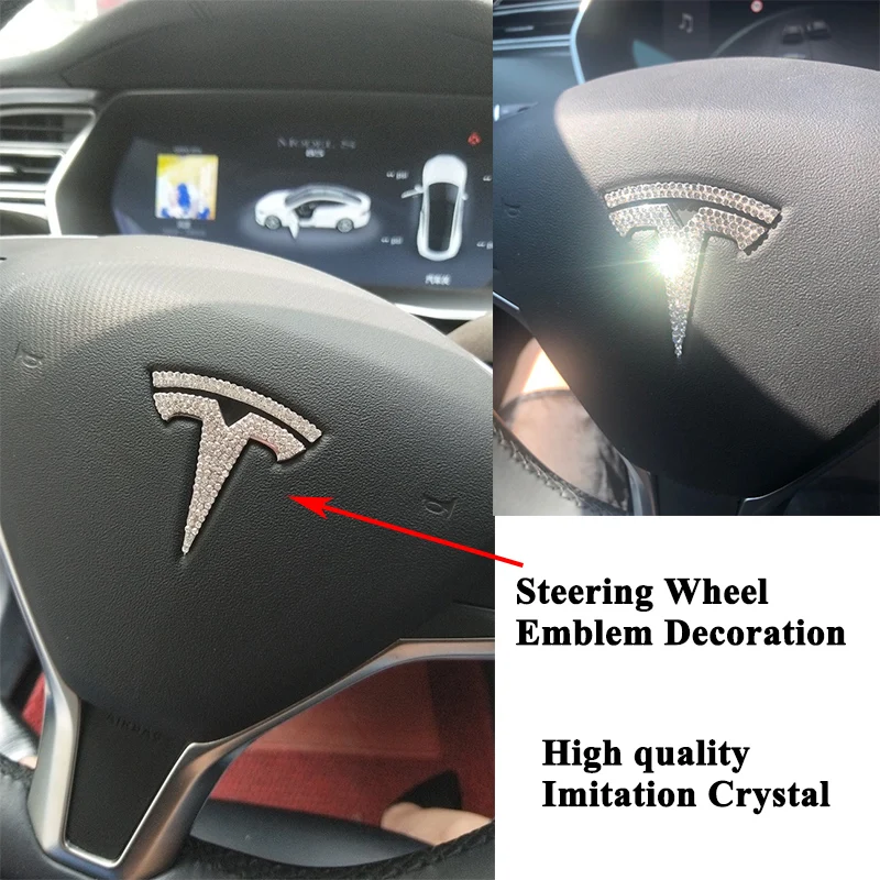 Imitation Crystal Car Steering Wheel Emblem Decoration Wheel Hub Cover Logo Sticker Styling Accessory for Tesla Model S Model X
