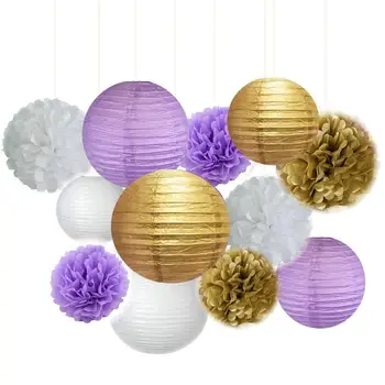

12pcs/set White Purple Gold Tissue Paper Pom Pom Paper Lanterns Circle Paper Garland for Wedding Bridal Baby Shower Decoration