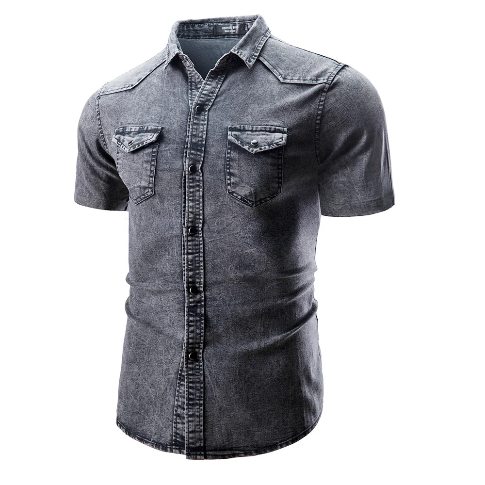 Летняя повседневная мужская рубашка с короткими рукавами, мужская рубашка с отложным воротником, джинсовая мужская рубашка, однотонная модная джинсовая мужская одежда, 3 цвета, D40