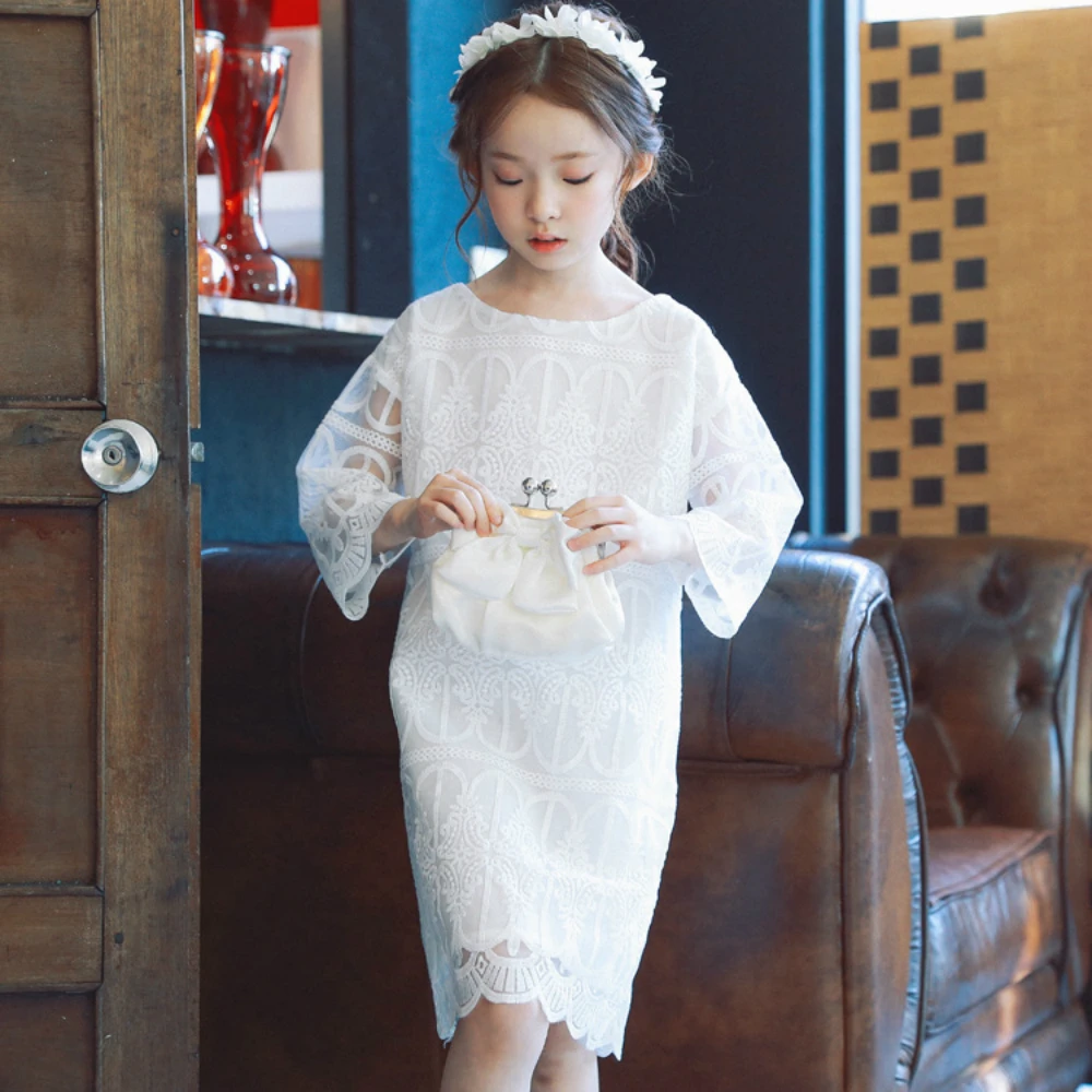 

kids girl lace dress Children's girl lace spring and summer new solid white fashion cute dress