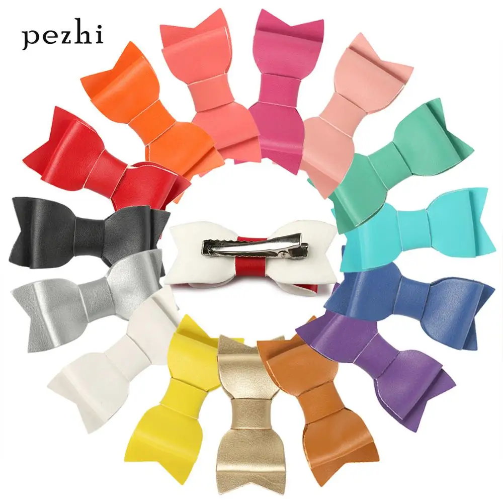 

PU leather bow children's handmade 3 inch leather bow girl variety of color hairpin hair accessories