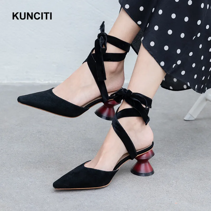 

2019 KUNCITI New Design Ladies Sexy Heels Black Suede Leather Strange High Heel Sandals Women Shoes Summer Gladiator Shoes X9137