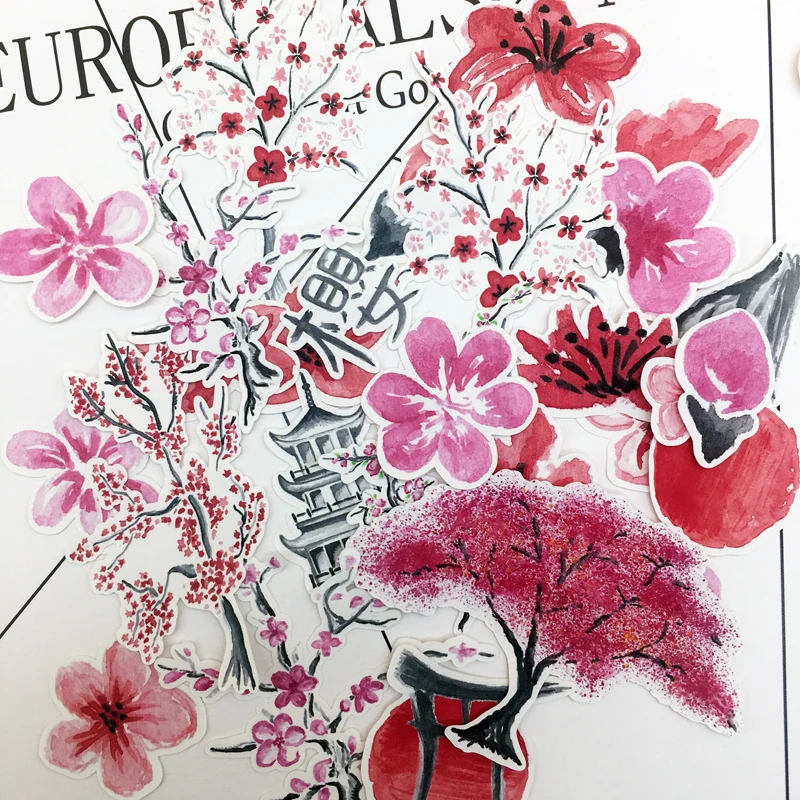 

38pcs Hand Drawing Japanese Cherry blossoms sticker Diary Notebook Planner Scrapbooking thin Paper Sticker