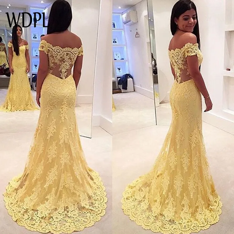 

Elegant Mermaid Evening Dresses Modest Long Formal Gowns With Off Shoulder robe de soiree abendkleider Evening Dress Yellow
