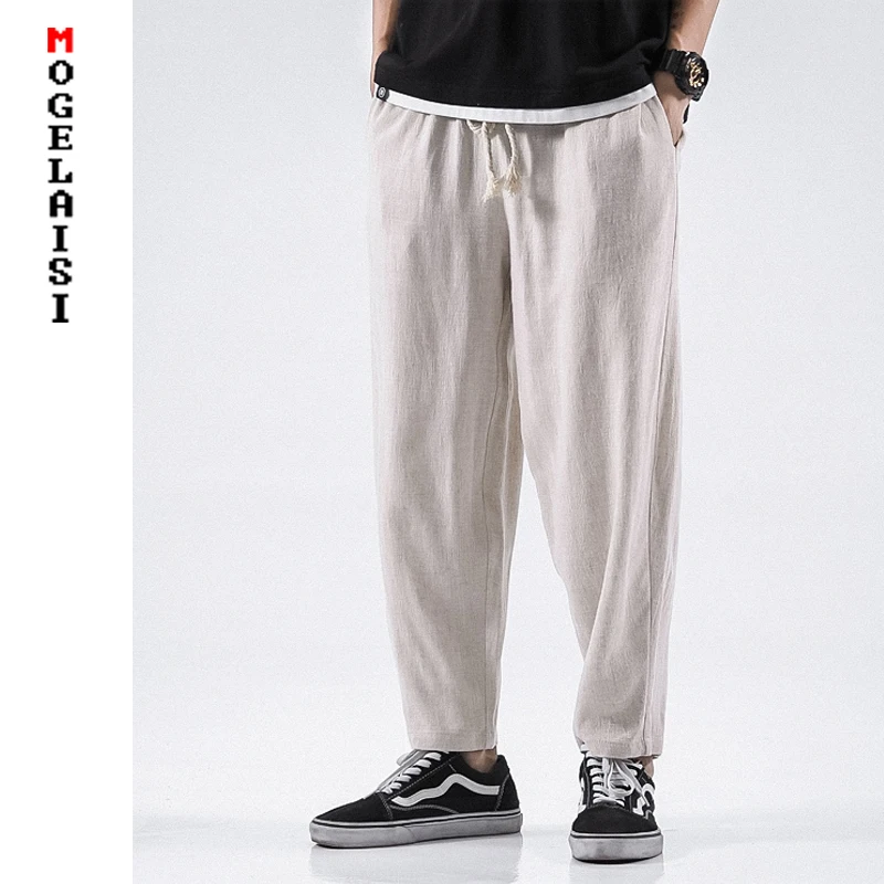 

New Casual solid pants men loose linen cotton Elastic waist Straight trousers man chinese style plus size 5XL pants 715-7094