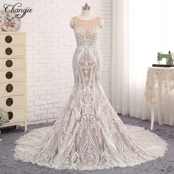 

Gorgeous New Arrival Long Wedding Dress 2018 Scoop Sleeveless Court Train Lace Tulle Mermaid China Bridal Gowns Vestido de noiva