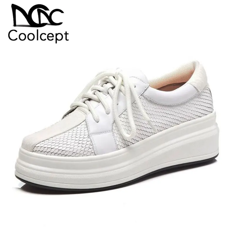 

Coolcept Genuine Leather White Shoes Women Hot Sale Sneakers Fashion Daily Casual Shoes Women Platform Heel Footwear Size 34-39