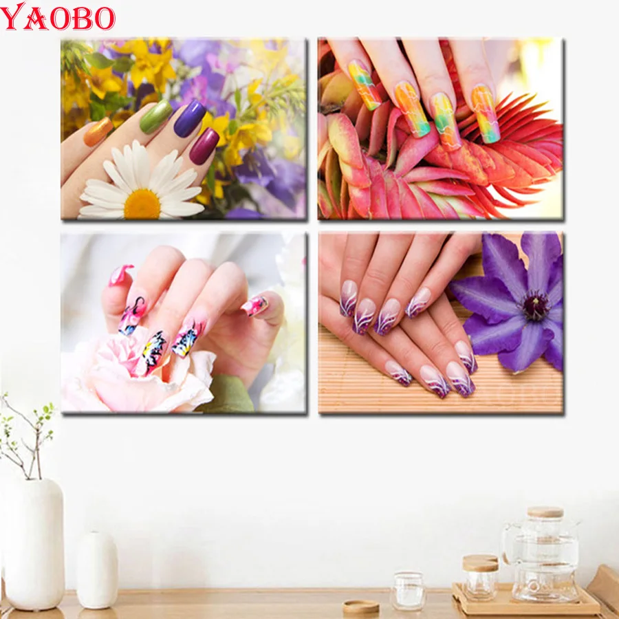 

4pcs 5D DIY Diamond Embroidery Makeup Nail Yoga Spa Body Salon Full Round Mosaic Diamond Painting Cross Stitch Rhinestone Decor