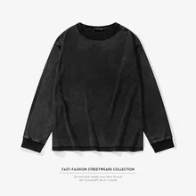 Fashion Mens T Shirt Retro Wash Oversize Anti-turner Double-faced Loose T-shirts Round Neck Black Long Sleeve Solid Casual Tee