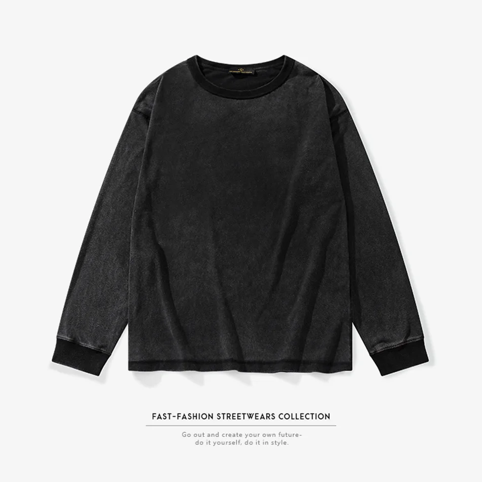 

Fashion Mens T Shirt Retro Wash Oversize Anti-turner Double-faced Loose T-shirts Round Neck Black Long Sleeve Solid Casual Tee