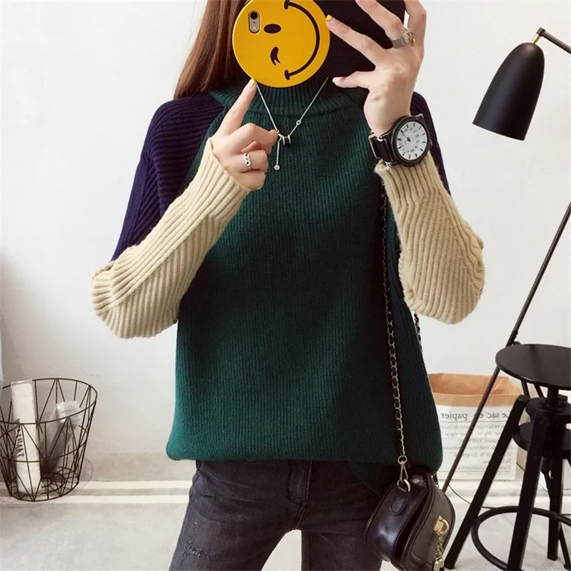 2017 Women's Autumn Winter Street Style V-Neck Knitted Sweater Color Block Coat Woman Patchwork Loose Pullovers Girl Sweaters | Женская