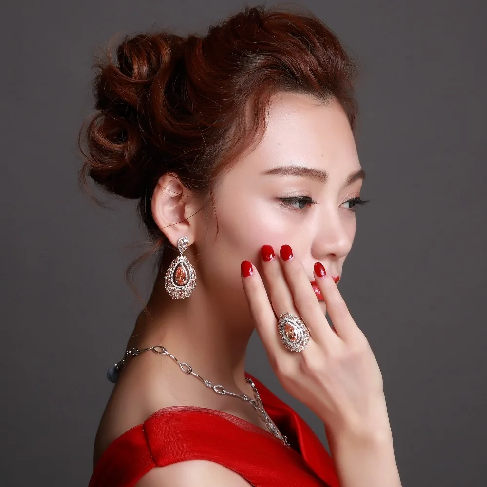 

HOT NEW African Jewelry white Gold Color w/ Champagne Color CZ Stone Wedding Heart Style Earring Ring Set Fashion Style