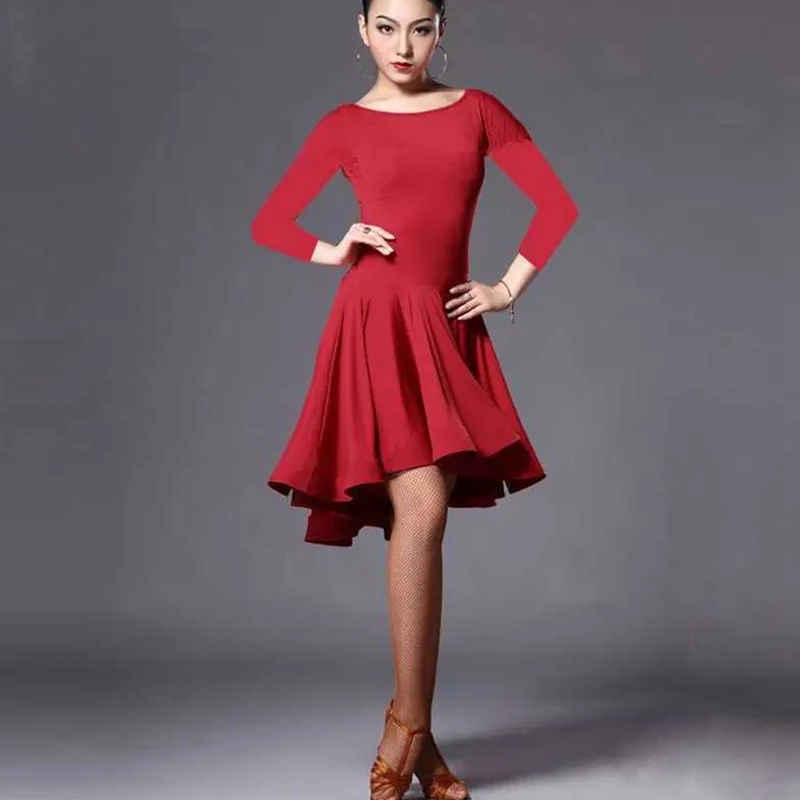 

Latin Dance Dresses for Women Fashion Short Long Sleeve Skirt 2 Colors Spandex Ballroom Samba Tango Costume