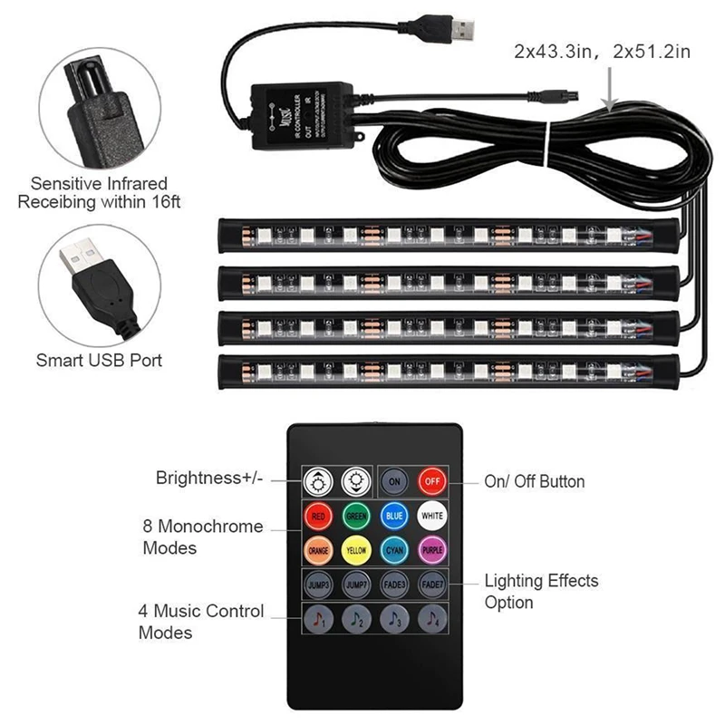 4x DC12V 9 светодиодный RGB интерьер автомобиля атмосфера подножки полосы светильник USB зарядное устройство