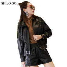 Шило GO кожаная куртка Женская Весенняя мода Овчина натуральная кожа пальто Стенд collarr передний Ремень Кнопка Повседневная Свободная куртка