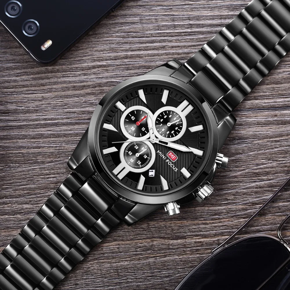 

MINIFOCUS Fashion Dress Quartz Man Watches Top Brand Luxury Stainless Steel Strap Chronograph Black Wristwatch Relogio Masculino