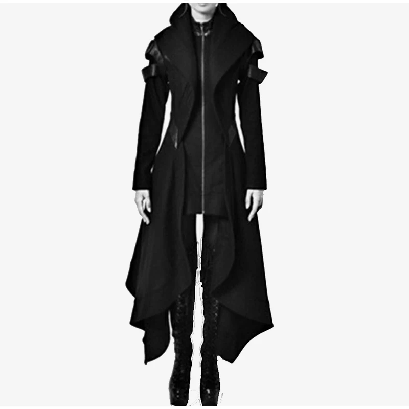 Женский Готический зимний Тренч, осенняя Женская мода, пальто для девушек размера плюс, с капюшоном, тонкая молния, черная винтажная верхняя одежда