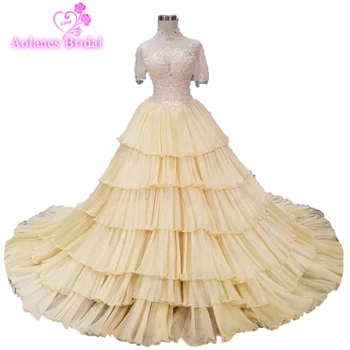 

Layered Ruffles Tulle Evening Gowns 2019 crystals Cascading Ruffle Long Formal Celebrity Party Dress Gorgeous Yellow Prom Gowns