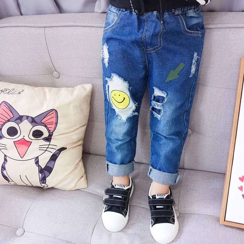 Smiling Face Baby Pants Children Clothing Big Ripped Denim Jeans kid