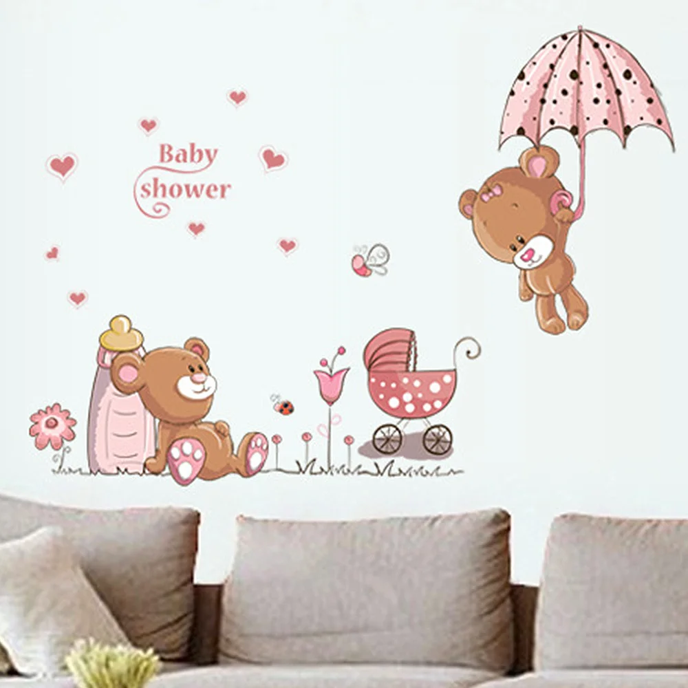 Us 1 82 21 Off Cute Couple Bears Umbrella Wall Stickers For Kids Rooms Wall Decal Art Children Bedroom Baby Nursery Room Home Decoration In Wall