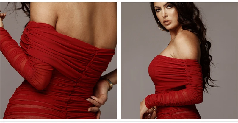 Невозьму Ruched летнее платье Для женщин Новое сексуальное платье на одно плечо с длинными рукавами Клубные вечерние платье красные сетчатые боковые Разделение облегающее длинное платье