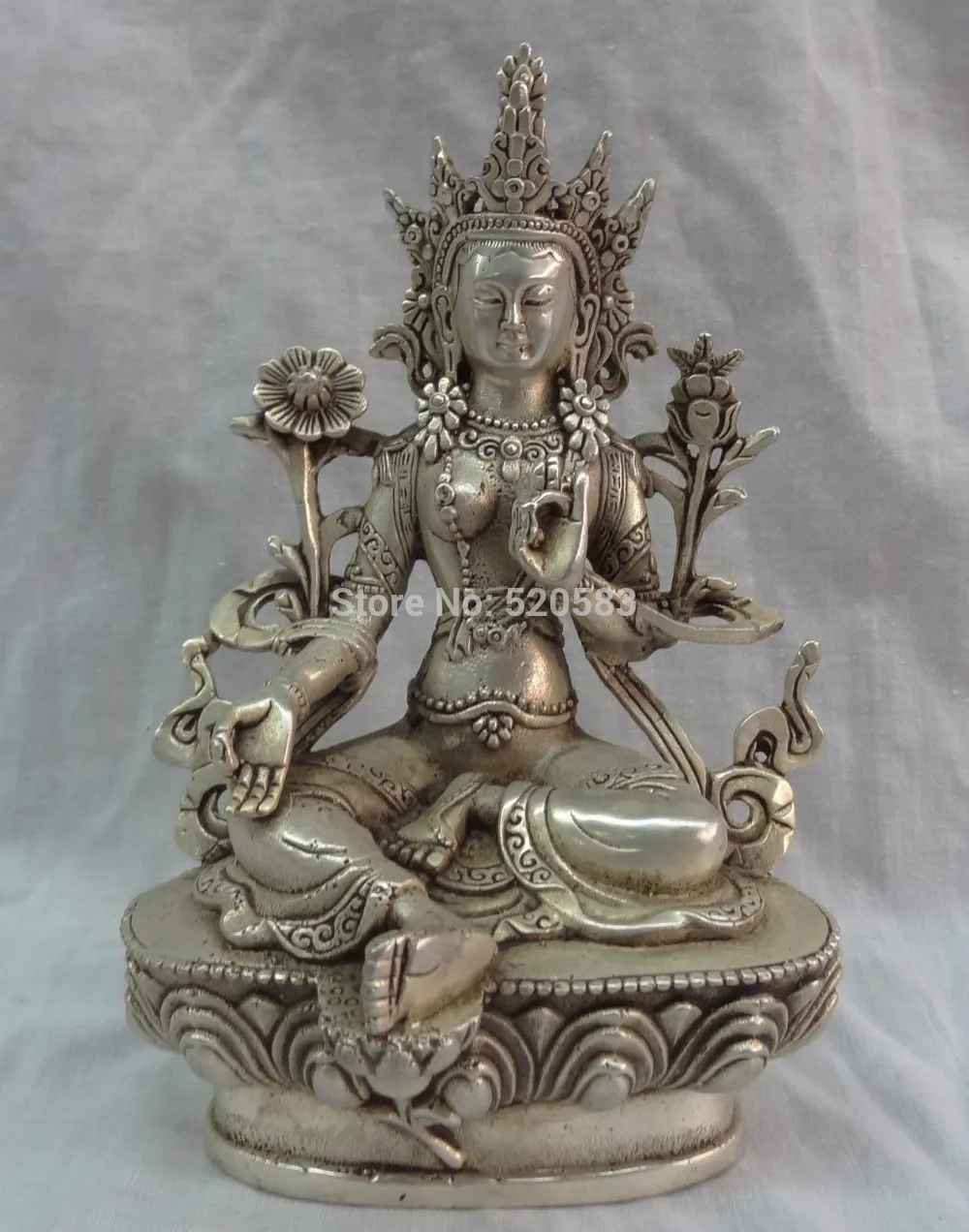

Tibet Silver Buddhist Protect Lotus Green Tara Buddha Goddess Statue Sculpture