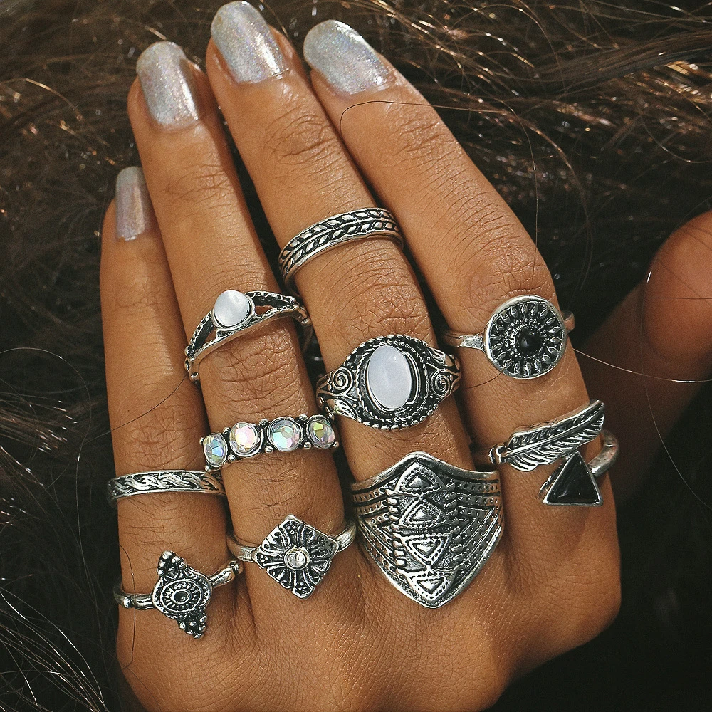 10 pcs/set Ethnic Jewelry Antique Silver Gold Color Arrow Square Round Knuckle Ring Set Vintage Punk Finger Rings | Украшения и