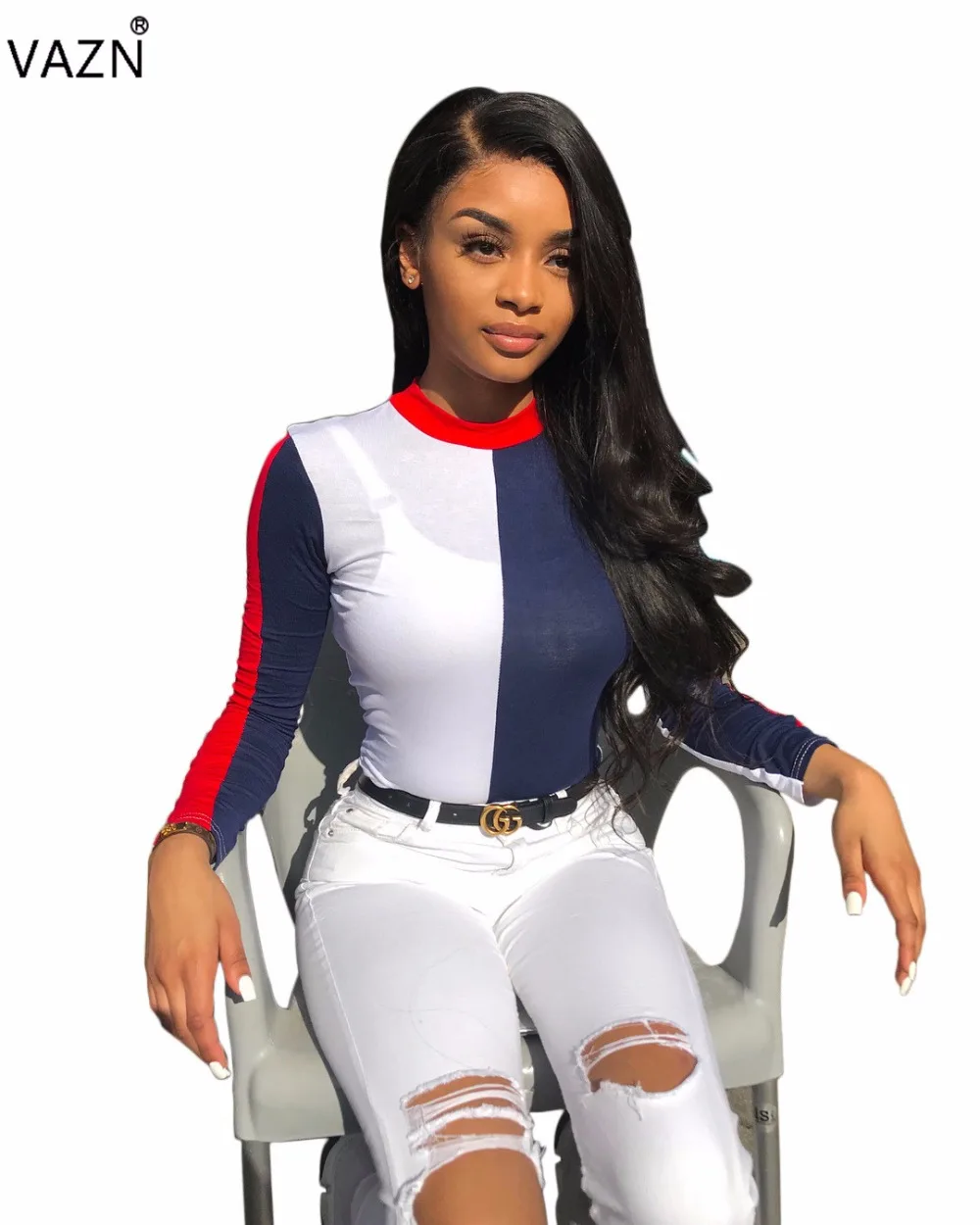 Vazn 2018 الصيف الساخن الجدة تصميم النساء الحلو المحملات مزدوجة اللون خلط تيز السيدات الجوف خارج كم كاملة o تيز A6018 Vazn 2018 الصيف الساخن الجدة تصميم النساء الحلو المحملات مزدوجة اللون خلط تيز السيدات الجوف خارج كم كاملة o تيز A6018