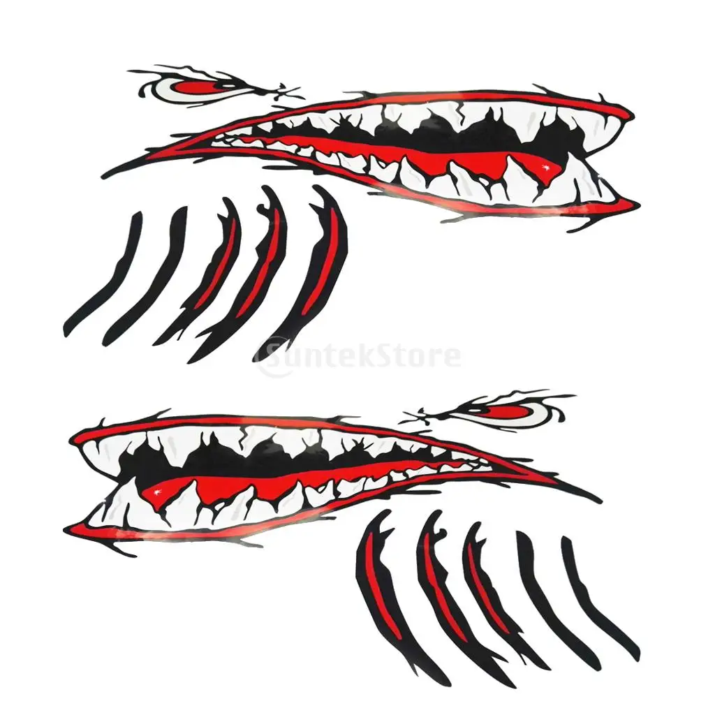 2Pcs Large Vinyl Shark Teeth Mouth Eyes Gill Sticker Decals Kayak Boat Fishing Dinghy Motorcycle Car Bumper Graphics Accessories