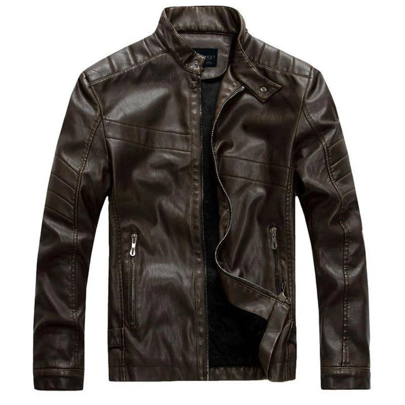 New Men's Leather Jacket Fashion Slim Stand Collar Casual Fleece PU ...