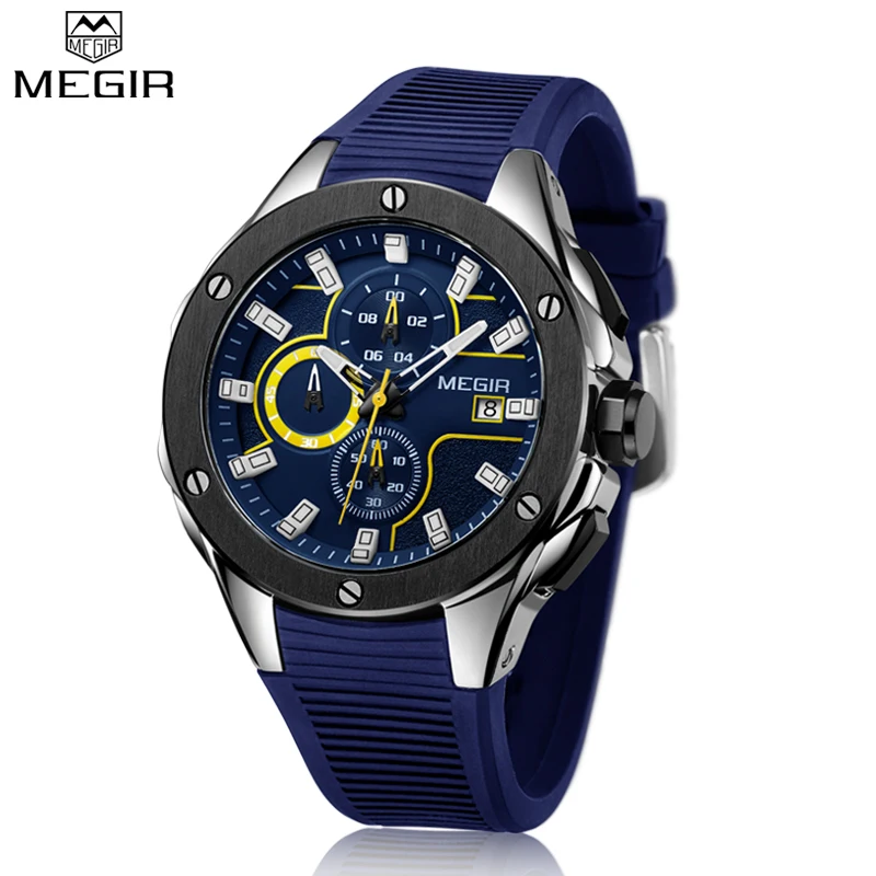 Мужские часы MEGIR, высокое качество, люксовый бренд, хронограф, спортивные часы, силиконовый ремешок, армейские, водонепроницаемые, кварцевые, наручные часы, мужские часы