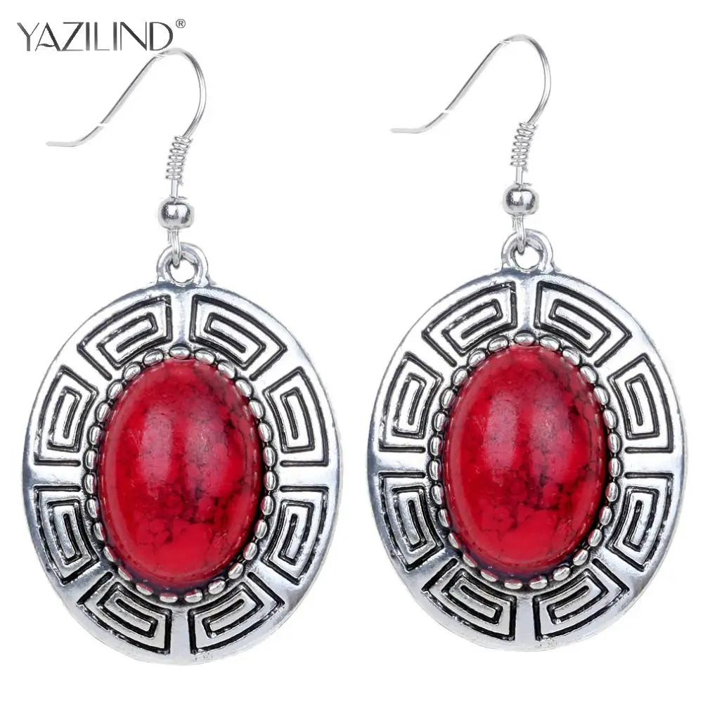 

Fashion Vintage Earrings Party Jewelry Tibet Silver Oval Red Hook Earrings For Women