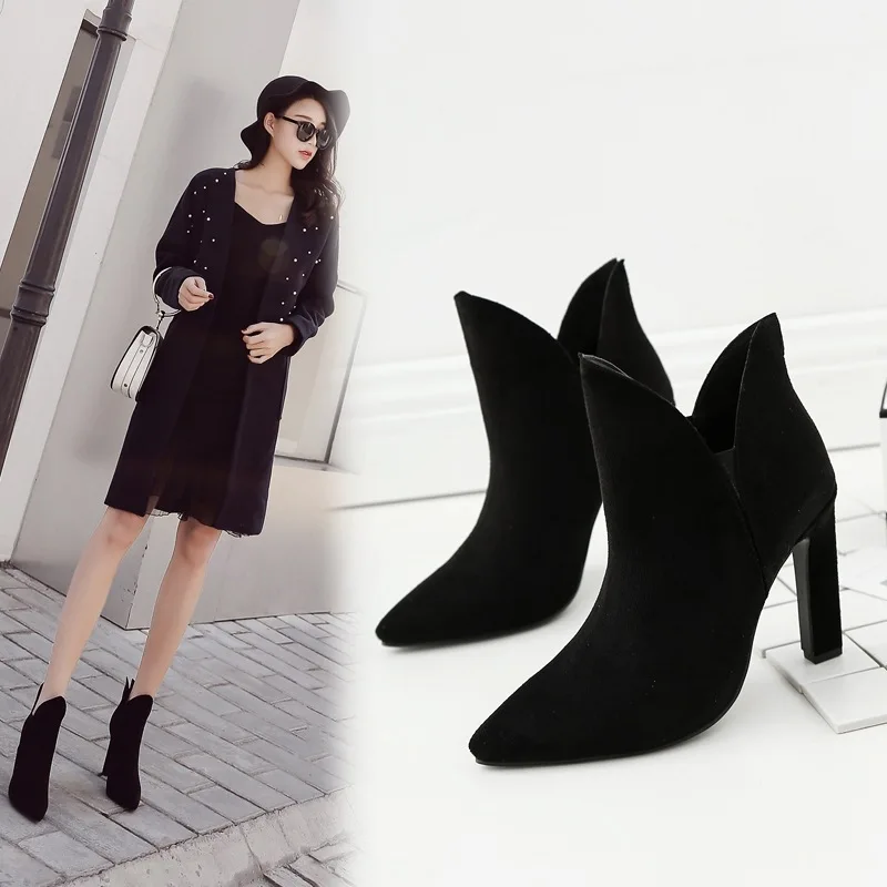 

Ankle Pointed Toe Fashion Flock Chelsea Boots Women High Square Heel Slip-On Solid Martin Boots Winter Casual Ladies Shoes