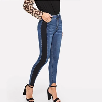 

solid black slim fit harem pants Jeans Women elastic middle Waist Skinny Pencil Blue Denim Pants bleached washed Jeans women