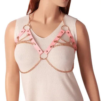 

Metal Chain Lingerie Leather Pink Belt Chest Hollow Out Straps Party Club Dance Rave Wear Plus Size Bra Women Punk Goth Crop Top