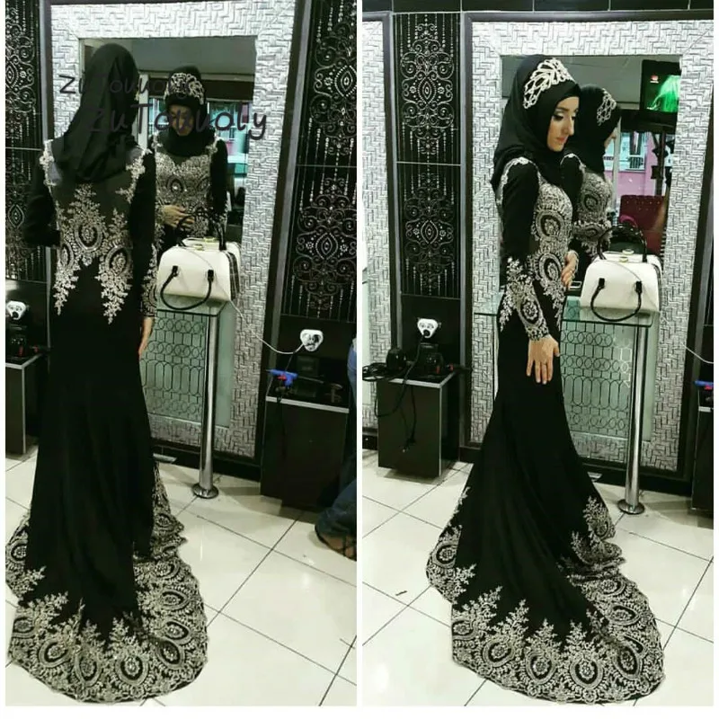 Elegant Black Muslim Evening Dress Long Sleeves Appliques Arabic Mermaid Prom Gowns With Train Plus Size 2019 Formal Dress Wear Elegant Black Muslim Evening Dress Long Sleeves Appliques Arabic Mermaid Prom Gowns With Train Plus Size 2019 Formal Dress Wear