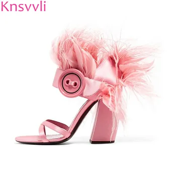 

Knsvvli Pink Black Fur Sandals Women Ankle Buckle Button Chunky High Heels Summer Feather Shoes Party Sandals zapatos mujer