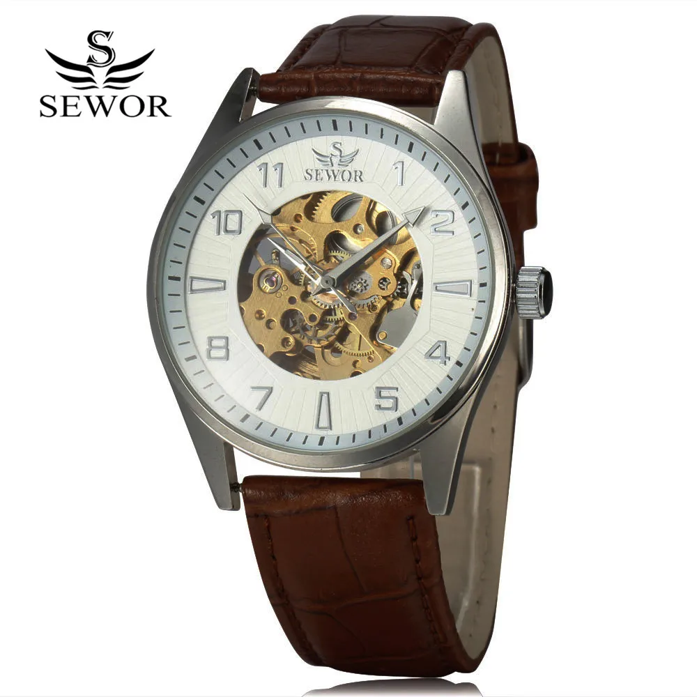 

SEWOR Royal Carving Skeleton Watch Brown Leather Strap Thin Case Hollow Designer Mechanical Automatic Watches Men Luxury Clock