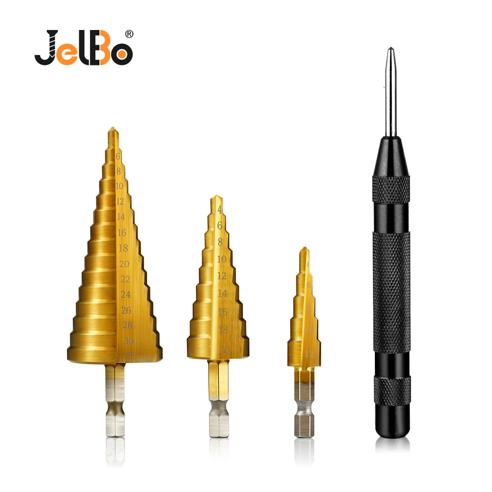 

JelBo 3PCS/Lot 4-12/4-20/4-32 Step Drill Bit With Automatic Center Punch Steel Multi-function Drill Bit For Hole Drilling