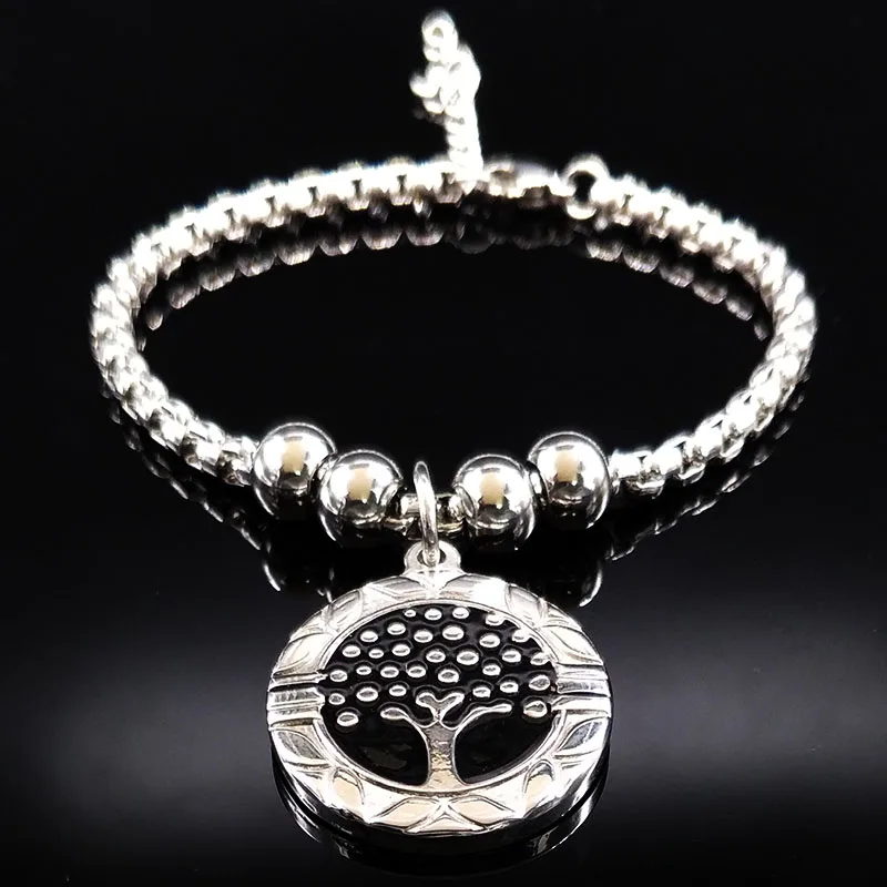 

2019 Black Enamel Bracelets Women Silver Color Tree of Life Stainless Steel Bracelets Bangles Jewelry bracelet femme B61430