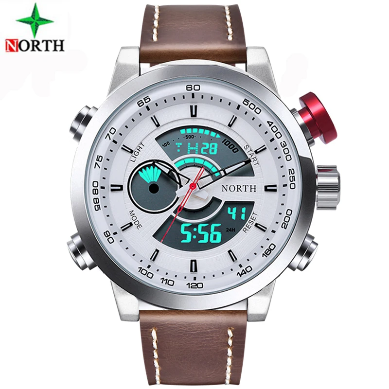 

NORTH Top Brand Men Military Sport Watches Mens LED Analog Digital Watch Male Army Leather Quartz Clock Relogio Masculino