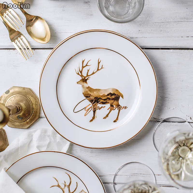 Керамическая тарелка в скандинавском стиле с изображением животных, посуда, ручная роспись, тарелка для салата, домашняя кухонная тарелка для стейка, десертная тарелка, блюдо