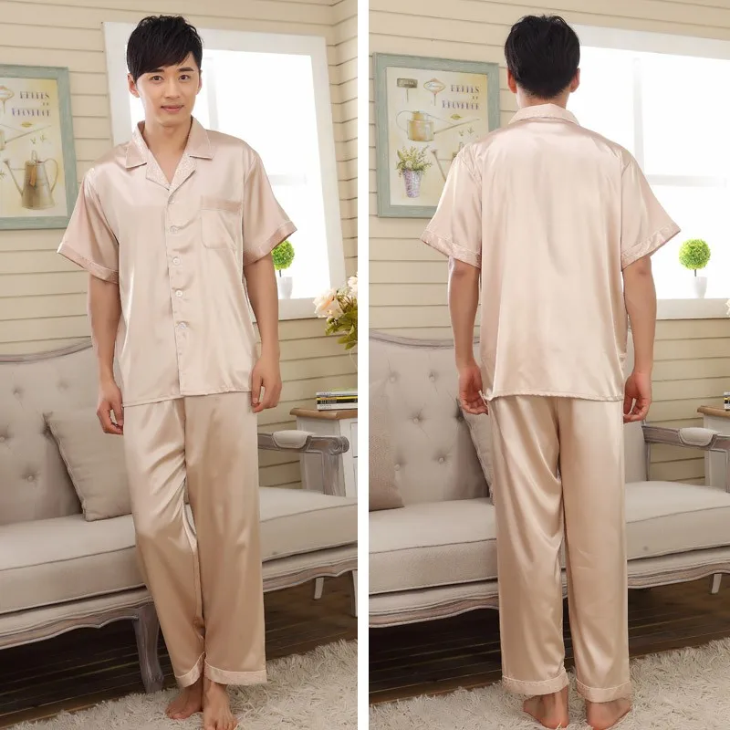 Summer faux silk men's 2 piece Pajama Sets male Rayon homewear younster sleepwear  Men's Sleep Lounge short  pijamas nightwears organic pyjamas