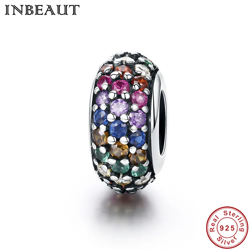 

INBEAUT Cute Round Lovely Colorful Zircon Beads Women 925 Sterling Silver Clear CZ Stones Charm fit Pandora Bracelet Teen Girls